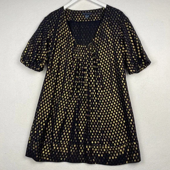 French Connection Women's Size 6 Black Gold Polka Dot Silk Tunic Mini Dress